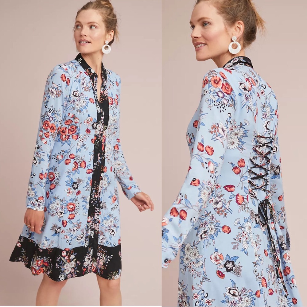Maeve • Anthropologie Leyster Shirtdress blue floral print corset lace up back